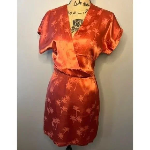 #81 NWT Silky Palm Print Dress Orange Short Sleeve V Neck Dress XS, S, M - Picture 2 of 12
